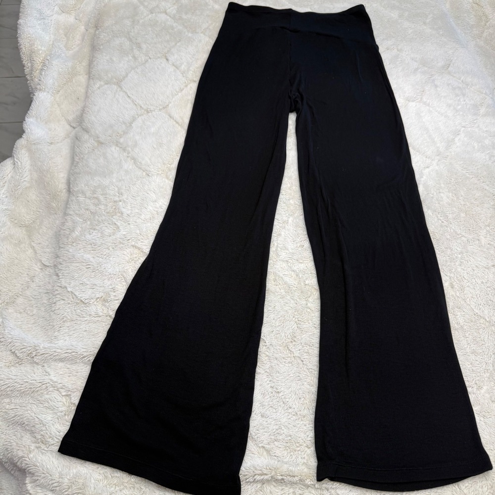 H&M MAMA Maternity Ribbed Flare Pants Womens S Black Wide Leg Foldover Waist
